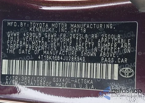 2018 Toyota Avalon Xle из США, поврежденный, VIN 4T1BK1EB4JU288940